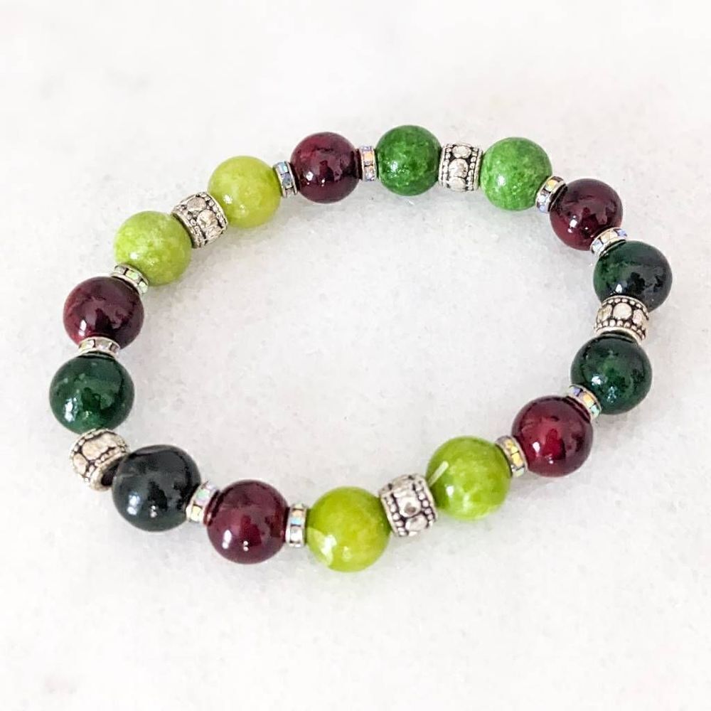Green Red and Silver Bead Bracelet